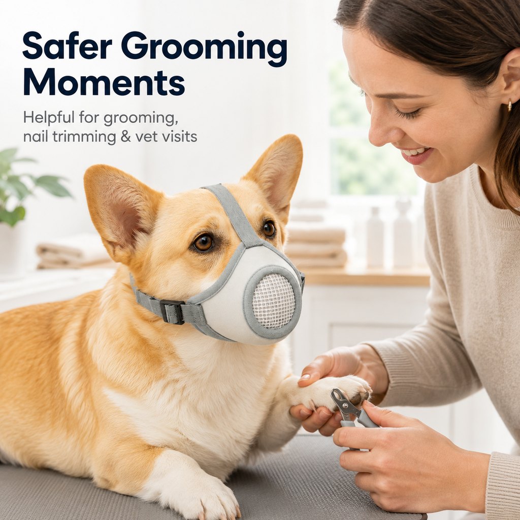 Ortekor Breathable Dog Muzzle for Walks, Grooming & Vet Visits - Soft Adjustable Mesh Muzzle to Help Reduce Biting, Chewing & Barking