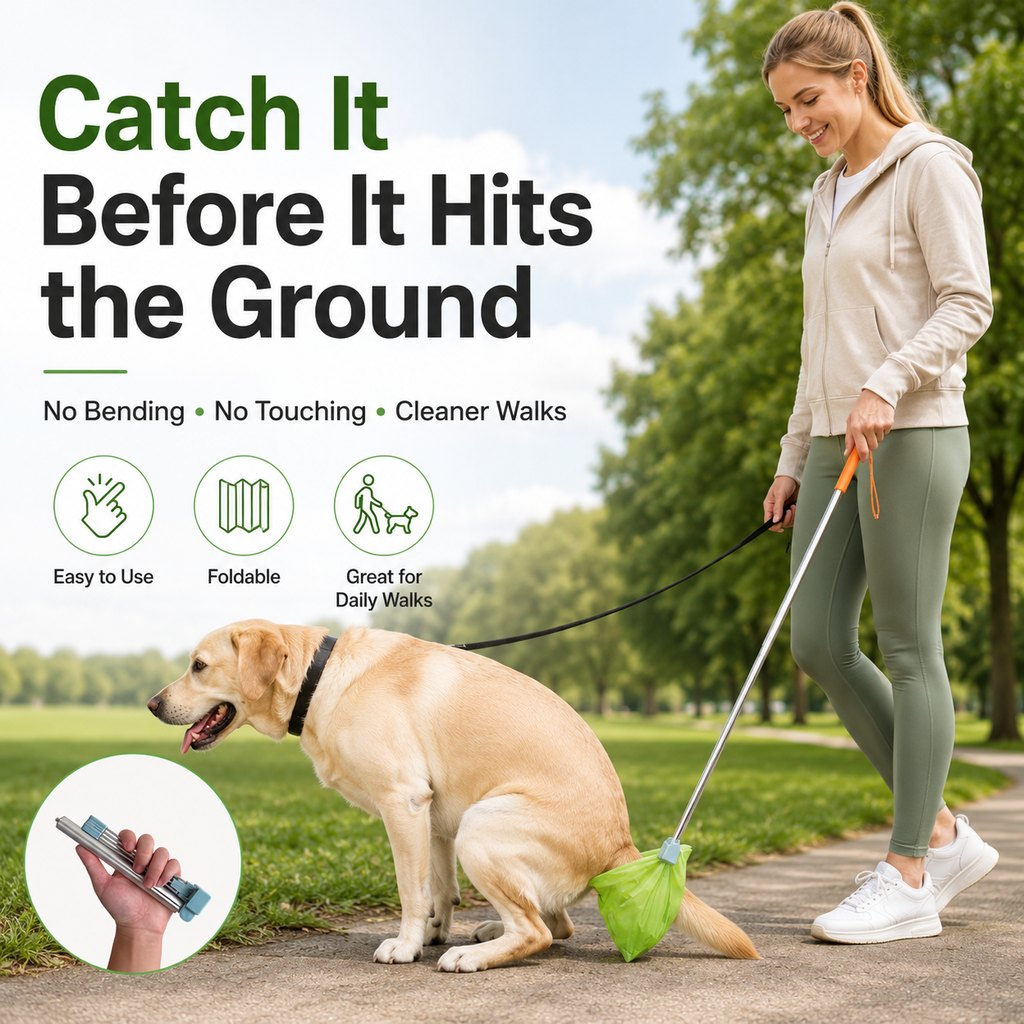 Ortekor Foldable Dog Poop Catcher for Walks - No-Bend Waste Pickup Tool with Telescopic Handle