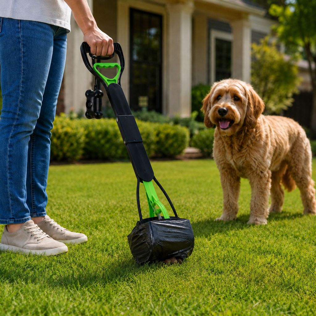 Ortekor Foldable Long-Handle Dog Pooper Scooper for Yard & Walks - One-Hand Bag-Lined Pickup