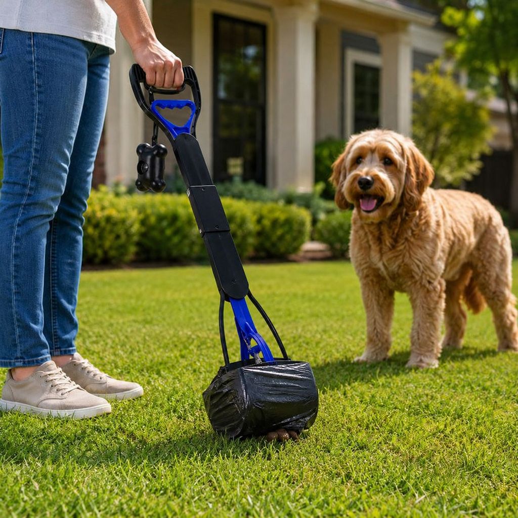Ortekor Foldable Long-Handle Dog Pooper Scooper for Yard & Walks - One-Hand Bag-Lined Pickup