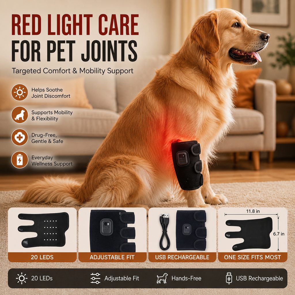 Ortekor Dog Red Light Joint Wrap for Senior Dogs & Post-Walk Comfort - 20-LED Adjustable Mobility Support