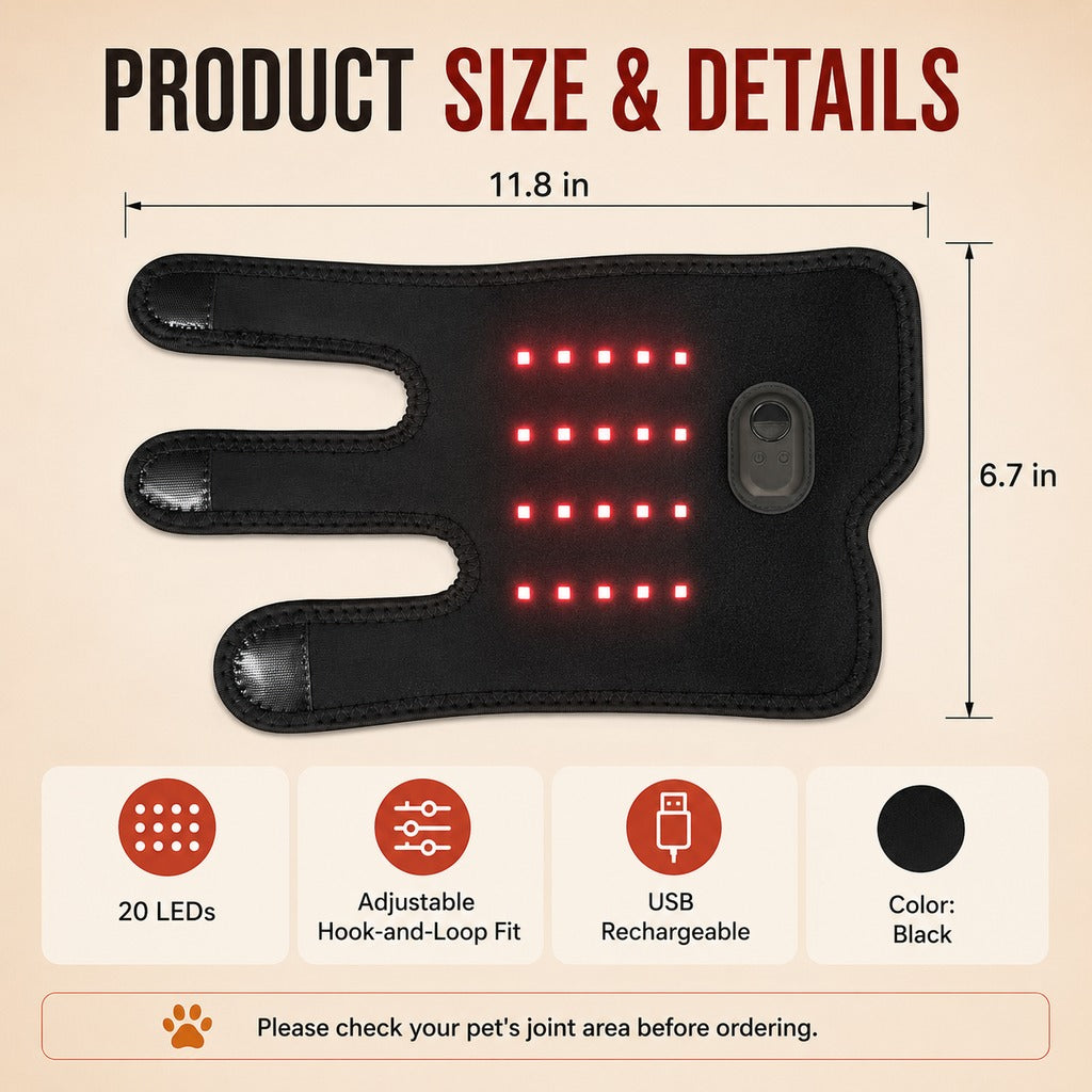 Ortekor Dog Red Light Joint Wrap for Senior Dogs & Post-Walk Comfort - 20-LED Adjustable Mobility Support