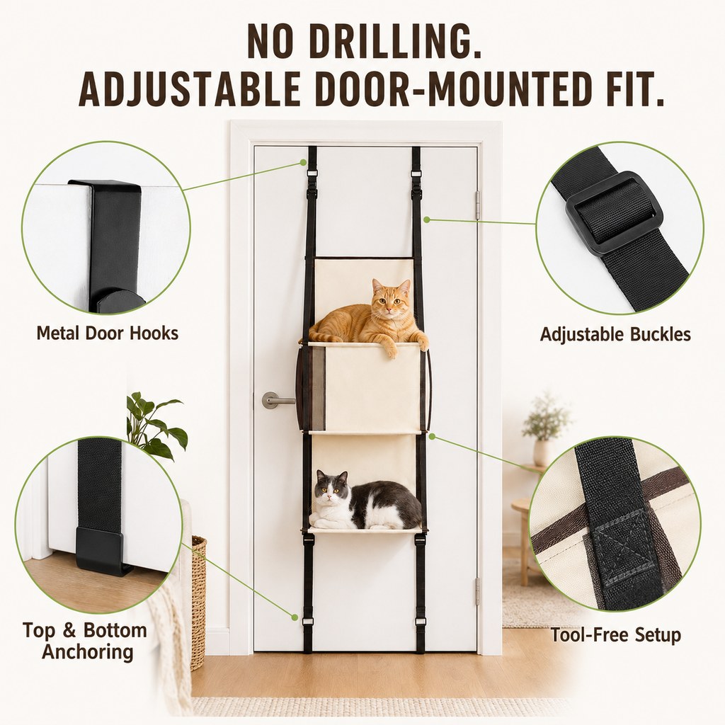 Ortekor 3-Tier Door-Mounted Hanging Cat Tree for Apartments – Foldable Space-Saving Cat Climber & Lounge