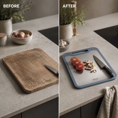 Reversible Steel & Plastic Prep Board with Juice Groove and Garlic Press for Kitchen Meat Vegetables Fruit Countertop Cooking