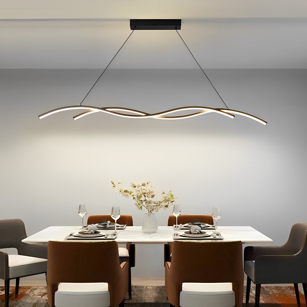 Curved LED Overhead Fixture 59 in Black Aluminum Wave Design Adjustable Height Remote Dimming Kitchen Island Dining Table Suspension Lamp Co