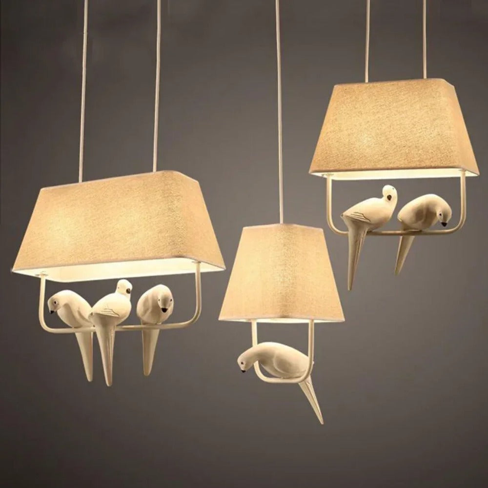 Fabric Drum Shade Hanging Light Fixture with Bird Ornament E27 Socket Beige Ceiling Lamp for Dining Kitchen Living Room Bedroom Ambient Over
