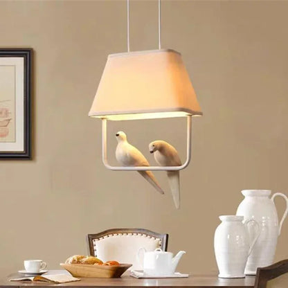 Fabric Drum Shade Hanging Light Fixture with Bird Ornament E27 Socket Beige Ceiling Lamp for Dining Kitchen Living Room Bedroom Ambient Over