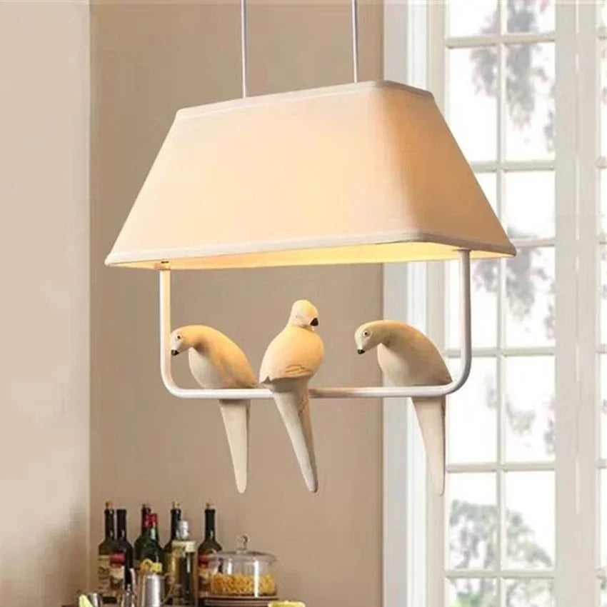 Fabric Drum Shade Hanging Light Fixture with Bird Ornament E27 Socket Beige Ceiling Lamp for Dining Kitchen Living Room Bedroom Ambient Over