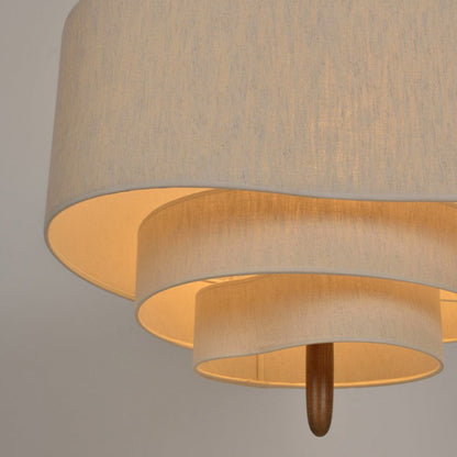 Layered Fabric Ceiling Light 23 in Beige with Wood Accent for Dining Room | Natural Texture Drop Lamp E27 Socket Adjustable Cord Height | Wa