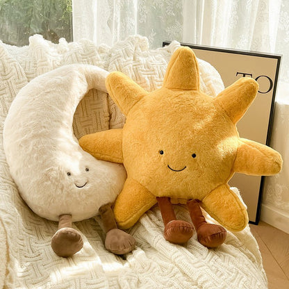 Plush Celestial Cushion Pillow with Adorable Sun or Moon Face for Couch Bed Kids Room Soft Huggable Throw Pillow Home Decor Comfort Gift