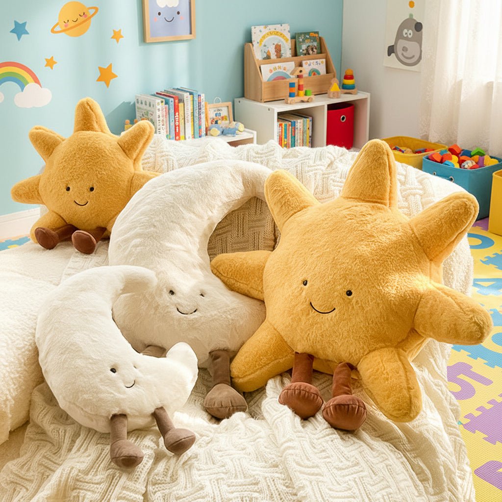 Plush Celestial Cushion Pillow with Adorable Sun or Moon Face for Couch Bed Kids Room Soft Huggable Throw Pillow Home Decor Comfort Gift