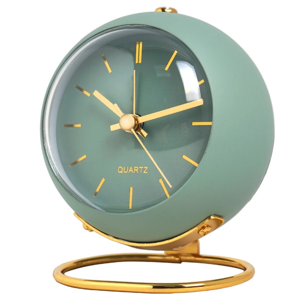 Compact Metal Desk Clock Quartz Movement Green Gold Finish Analog Nightstand Timepiece for Bedroom Home Office Small Retro Accent
