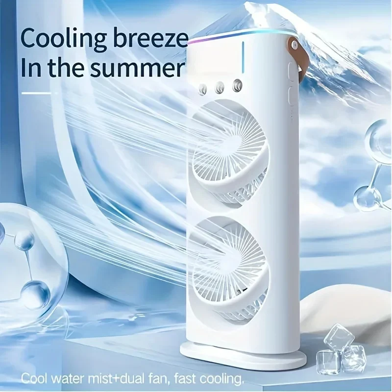 Ventilador de aire acondicionado portátil | Diseño de doble cabezal con rociador de niebla | Recargable por USB para comodidad personal