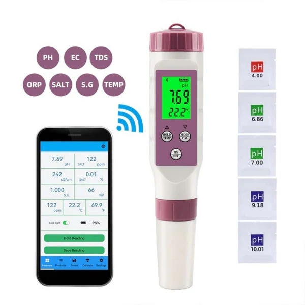 Swimming Pool Digital Water Tester | 7-in-1 Smart Pool Water Test Kit with Bluetooth App | pH, ORP, EC, TDS & Salinity Meter