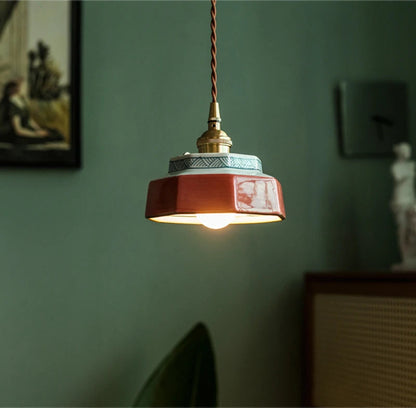 Ceramic Hanging Lamp with Hand-Painted Design & Copper Socket for Kitchen Island, Dining Room, Bedroom & Cafe | Scandinavian Style Fixture