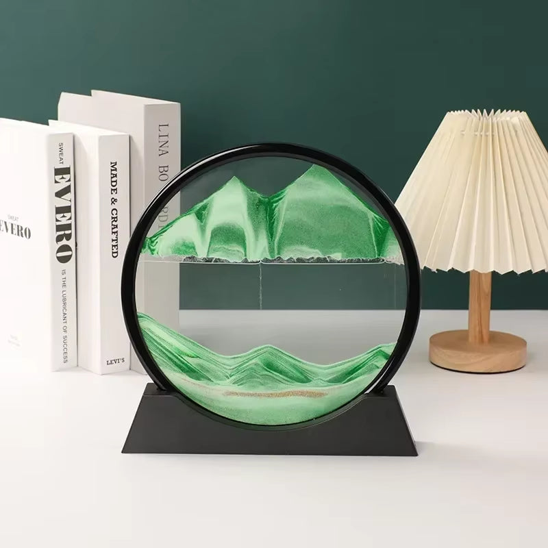 Moving Sand Art Glass Display Rotating Desktop Sculpture Stress Relief Decor for Home Office Meditation Mindfulness Gift