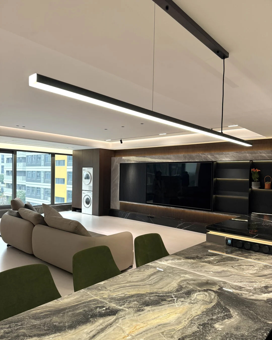 Suspended LED Strip Fixture for Countertop Islands – Dimmable Metal Bar Light with Remote in Matte or Gloss White – 39 to 102 in Adjustable