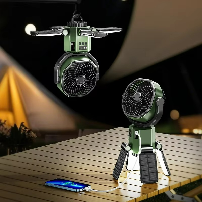 Compañero de exterior | Ventilador portátil con luz LED y altura ajustable | Diseño a batería para camping y senderismo