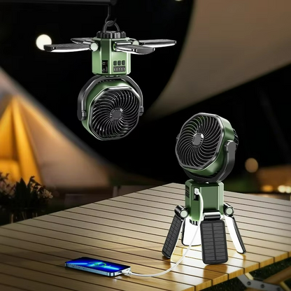 Compañero de exterior | Ventilador portátil con luz LED y altura ajustable | Diseño a batería para camping y senderismo