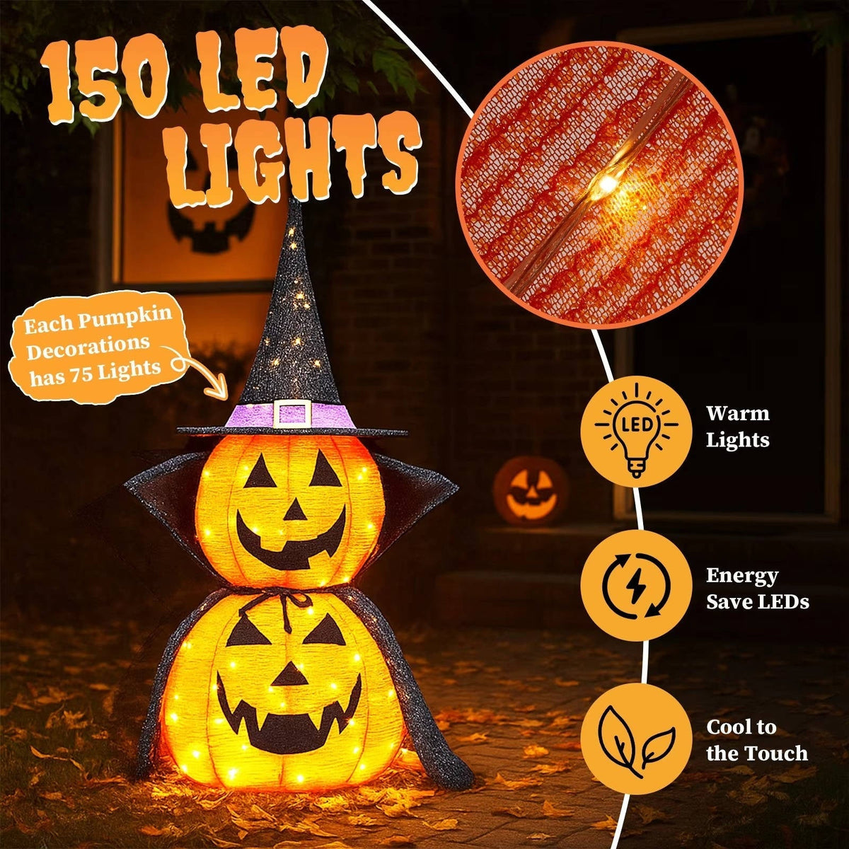 Halloween Pumpkins 3 ft 2 Pack, Lighted Pumpkin Decorations with Hat and Cape, Collapsible Giant Pumpkin Halloween Decorations Outdoor