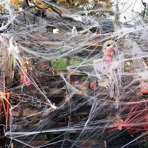 Spider Webs with Spiders 200 sq ft, Giant Spider Web Halloween Door Decoration, Halloween Party Decor with Fake Spiders