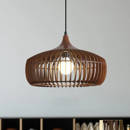 Lámpara de techo redonda de listones de madera natural de 17 pulgadas estilo Japandi, luz colgante ambiental para mesa de comedor, isla de cocina o sala de estar