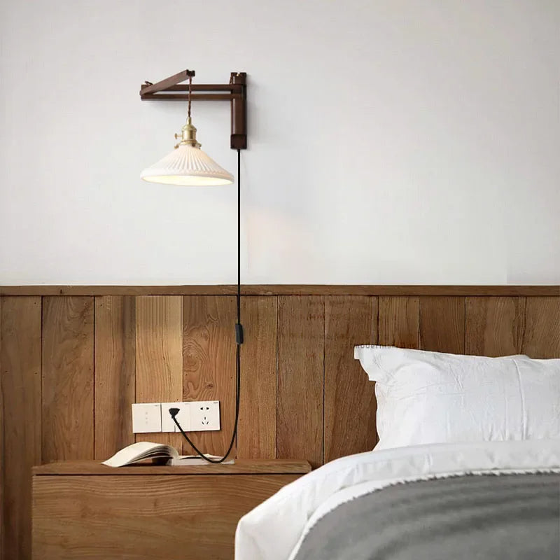 Swing Arm Ceramic Wall Sconce with Wood Bracket and Knob Switch for Bedroom Hallway Reading Nook Vintage Plug-In Lighting