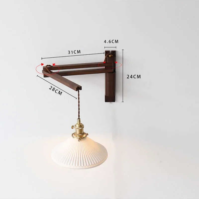 Swing Arm Ceramic Wall Sconce with Wood Bracket and Knob Switch for Bedroom Hallway Reading Nook Vintage Plug-In Lighting
