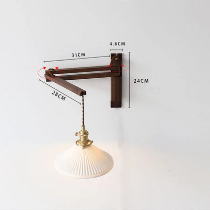 Swing Arm Ceramic Wall Sconce with Wood Bracket and Knob Switch for Bedroom Hallway Reading Nook Vintage Plug-In Lighting