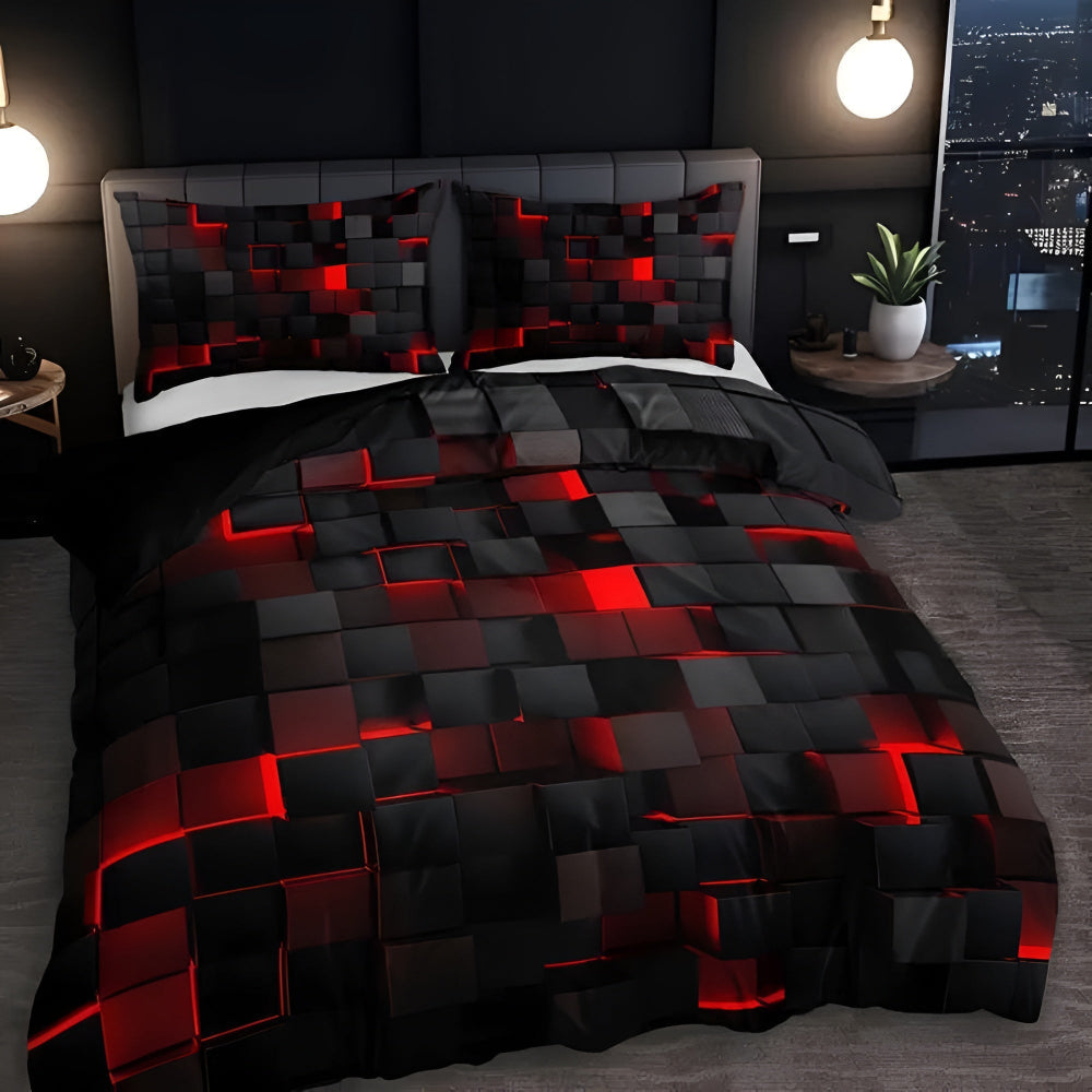 3-Piece Neon Grid Duvet Cover Set – Geometric Microfiber Bedding for Year-Round Comfort – Twin, Full, Queen, King Sizes – Modern Gaming