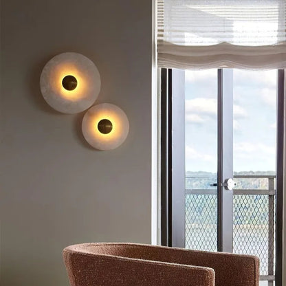 Round Stone Sconce with Built-In LED – Natural Veined Finish for Bedroom, Hallway & Living Room – 6 to 12 Inch Sizes – Minimalist Aluminum M