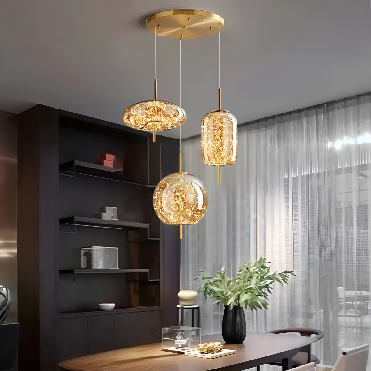 Glass Hanging Fixture with Adjustable Cord for Dining Table & Kitchen Island | Modern Suspended Light in Amber or Gray | Oval Sphere Capsule