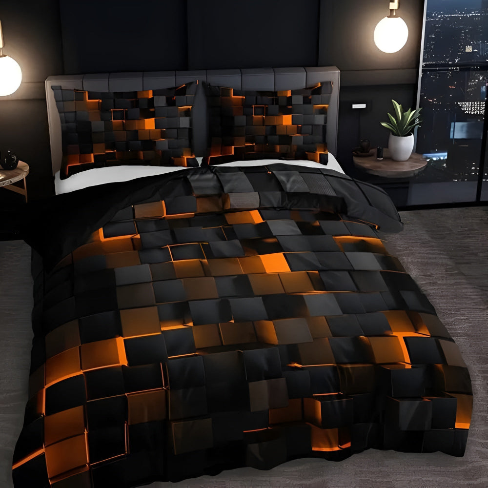 3-Piece Neon Grid Duvet Cover Set – Geometric Microfiber Bedding for Year-Round Comfort – Twin, Full, Queen, King Sizes – Modern Gaming