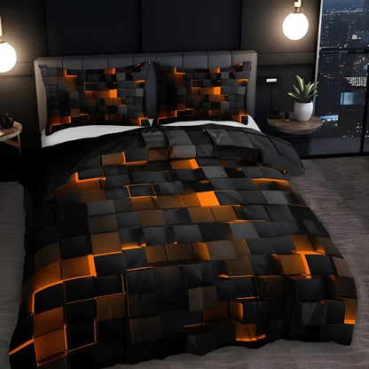3-Piece Neon Grid Duvet Cover Set – Geometric Microfiber Bedding for Year-Round Comfort – Twin, Full, Queen, King Sizes – Modern Gaming