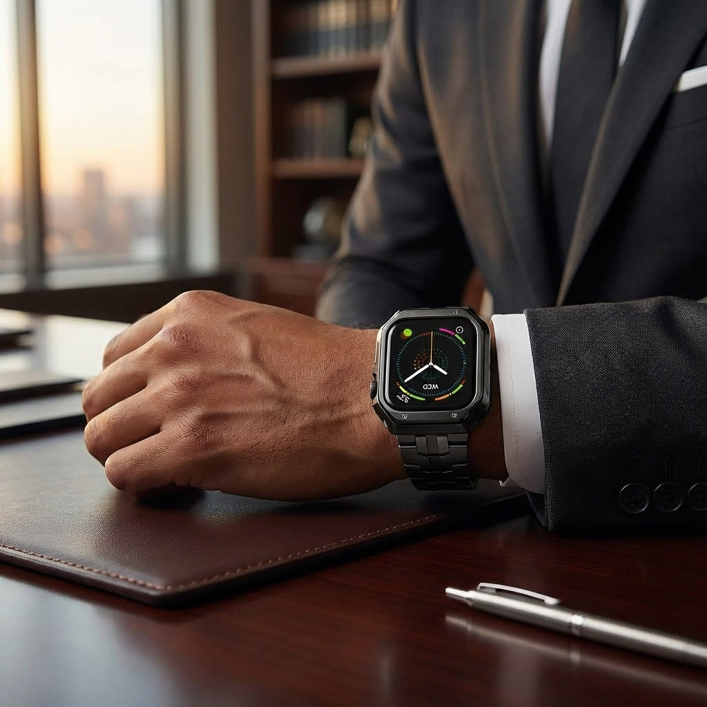 Metal Link Watch Band with Armor Frame for Apple Watch – Titanium-Style Bracelet & Open-Face Protection Case Bundle – Butterfly Clasp