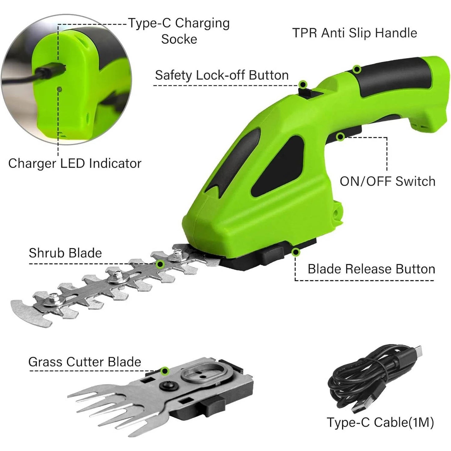 Potente cortasetos y cortacésped de batería con 2 cuchillas