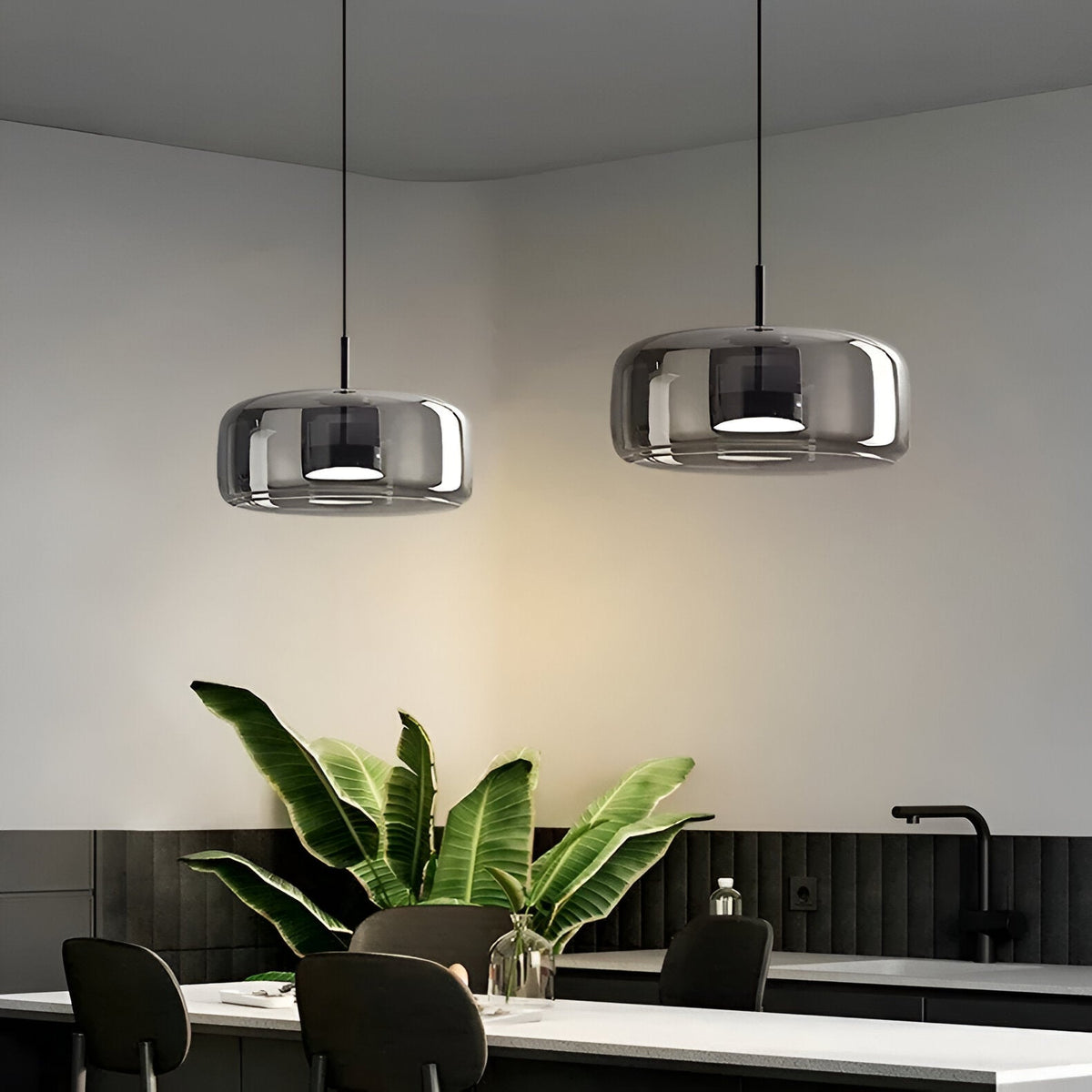 Triple Glass Dome Ceiling Light 15 in Adjustable Height for Kitchen Island Dining Room Modern Hanging Fixture Gray Smoked Finish