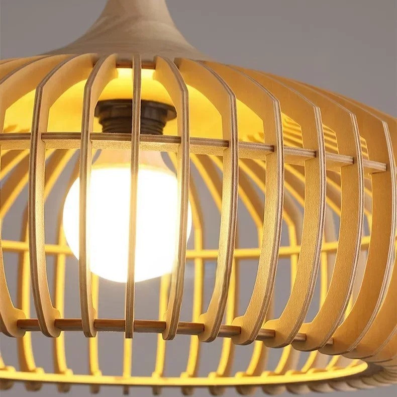 Lámpara de techo redonda de listones de madera natural de 17 pulgadas estilo Japandi, luz colgante ambiental para mesa de comedor, isla de cocina o sala de estar