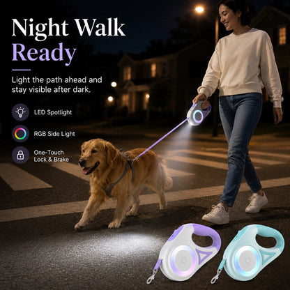 Ortekor LED Retractable Dog Leash for Night Walks - Light-Up Dog Leash with Built-In Spotlight, RGB Side Glow & One-Touch Brake for Safer Evening Walks