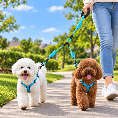 Ortekor Dual Dog Leash with Shock-Absorbing Bungee & Padded Handle for Easier Two-Dog Walks