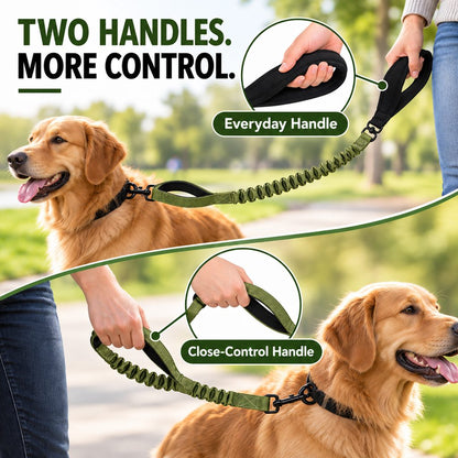 Ortekor Dual Handle Shock-Absorbing Bungee Dog Leash for City Walks, Jogging & Hiking - Softer Pulls, Quick Close Control