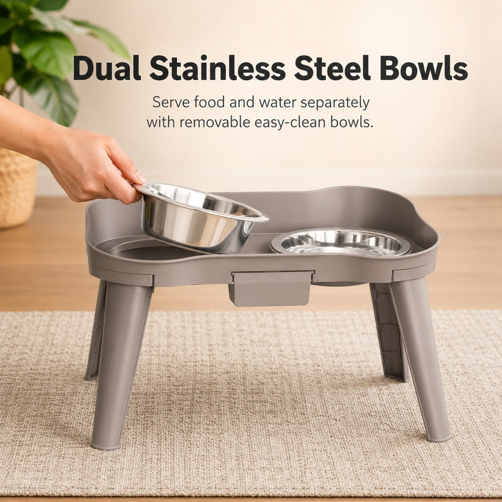 Ortekor Elevated Pet Feeder with Spill Guard for Cats & Dogs - Raised Dual Stainless Steel Bowls for Cleaner Floors