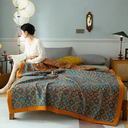 Six-Layer Cotton Quilt Reversible Lightweight Blanket Orange Blue Geometric Pattern for Year-Round Comfort Bedroom Guest Room