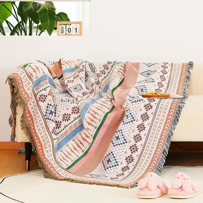 Jacquard Woven Accent Blanket with Fringe for Couch Bed Chair 51x63 in 63x87 in Multicolor Cotton Poly Blend Bohemian Home Decor