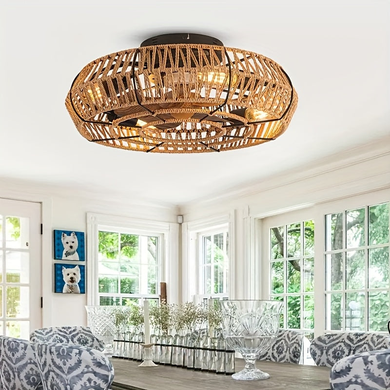 Handwoven Rattan Ceiling Fan with Integrated Light – Zen Style for Living Room, Bedroom & Dining Room