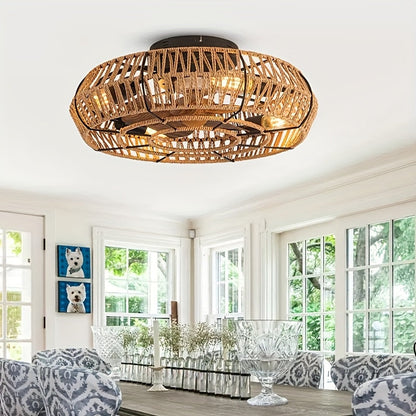 Handwoven Rattan Ceiling Fan with Integrated Light – Zen Style for Living Room, Bedroom & Dining Room