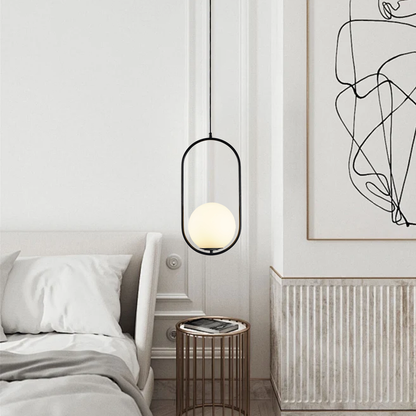 Curved Glass Hanging Fixture with Metal Frame – 15W Suspended Lighting for Contemporary Interiors – Amber Globe Shade Ceiling Mount for Dini