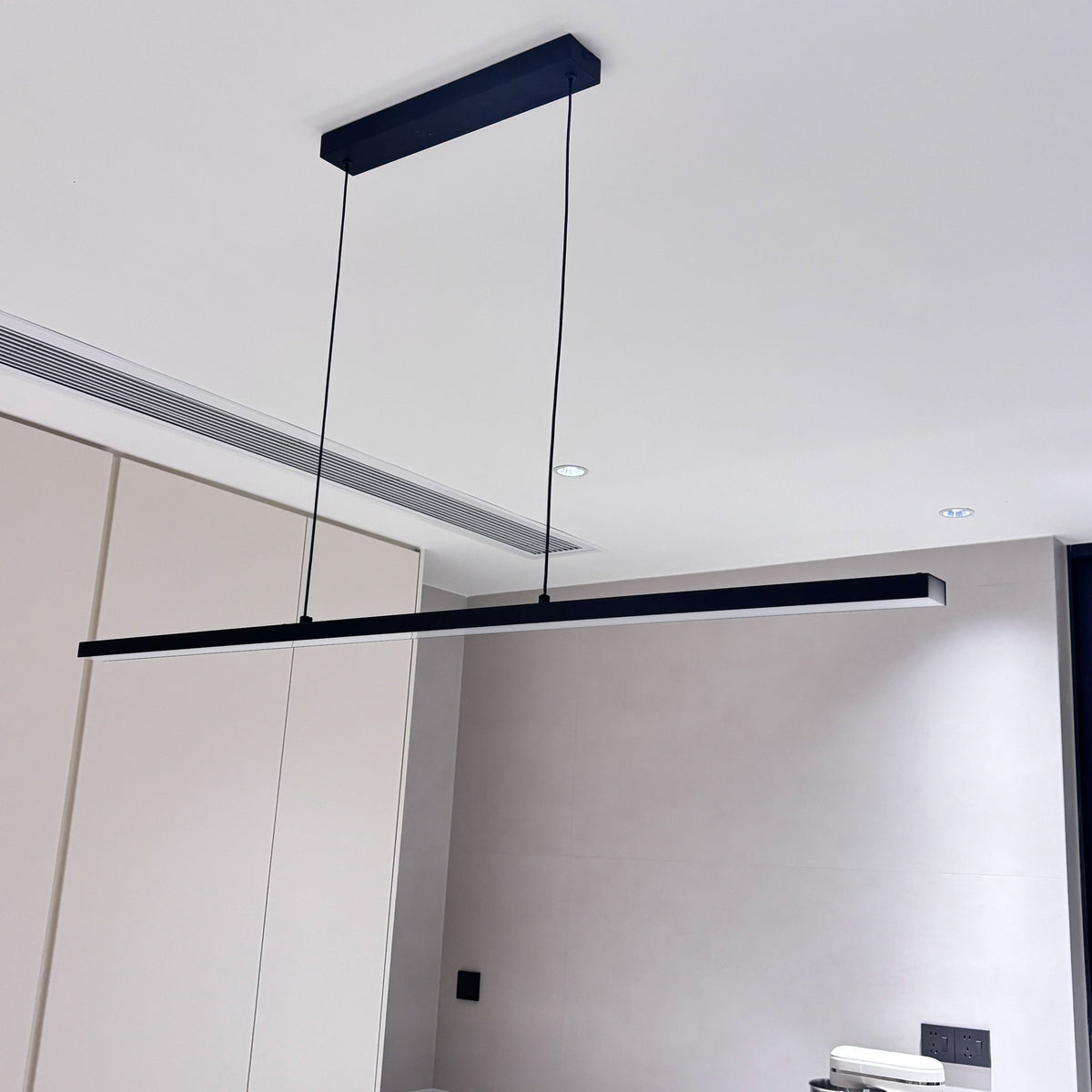 Suspended LED Strip Fixture for Countertop Islands – Dimmable Metal Bar Light with Remote in Matte or Gloss White – 39 to 102 in Adjustable