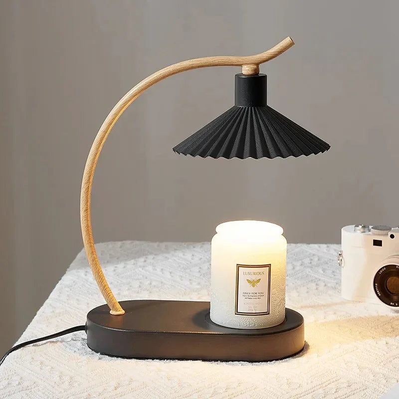 Tabletop Wax Melt Warmer with LED Glow - Wood Accent & Pleated Fabric Shade for Scent Diffusion & Gentle Illumination