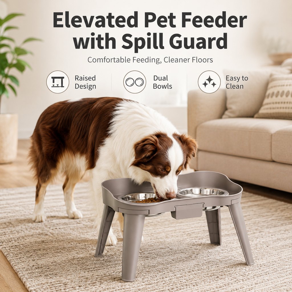 Ortekor Elevated Pet Feeder with Spill Guard for Cats & Dogs - Raised Dual Stainless Steel Bowls for Cleaner Floors